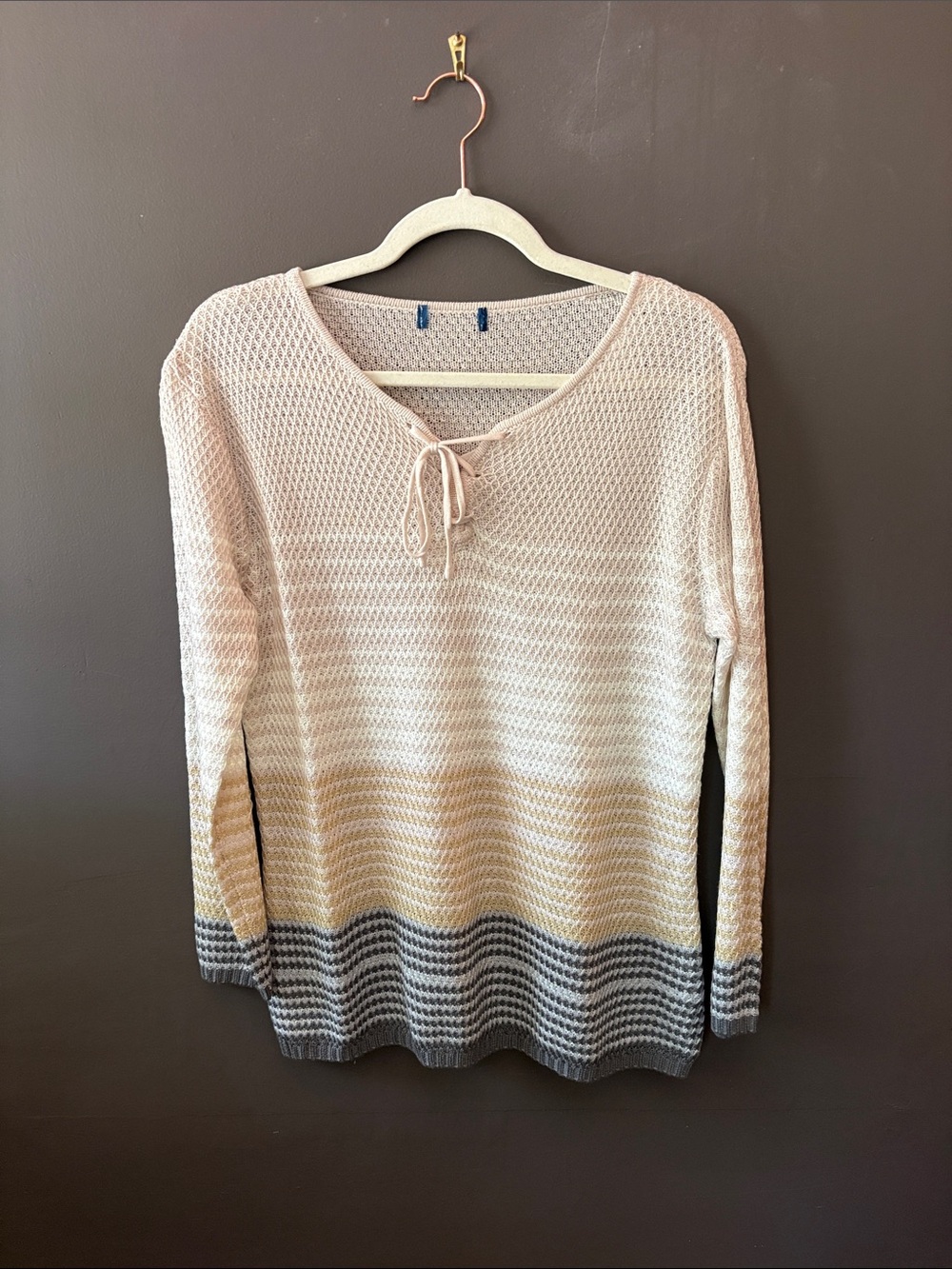 Lightweight Knit Tie-Neck Sweater in Cream, Yellow & Gray